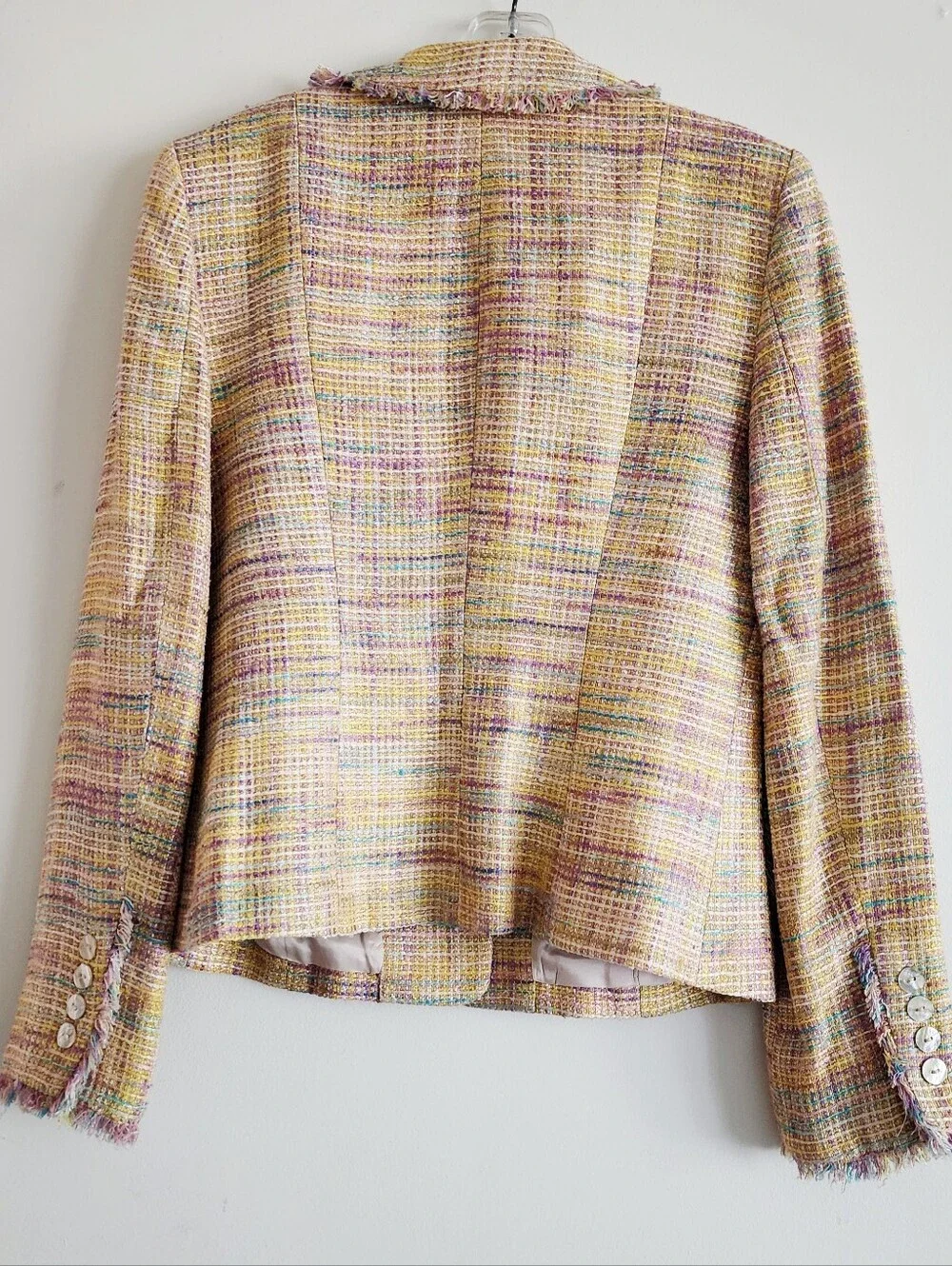 Vintage Neiman Marcus | Pastel Silk Blend Tweed Fringed Cropped Jacket | Size 6